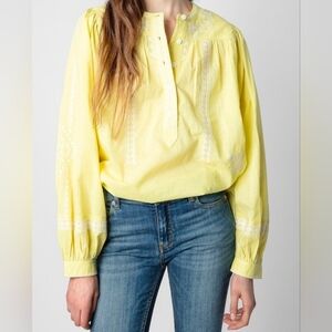 Zadig & Voltaire Tigy Embroidered Cotton Blouse Long Sleeve In Zeste $368, Sz L